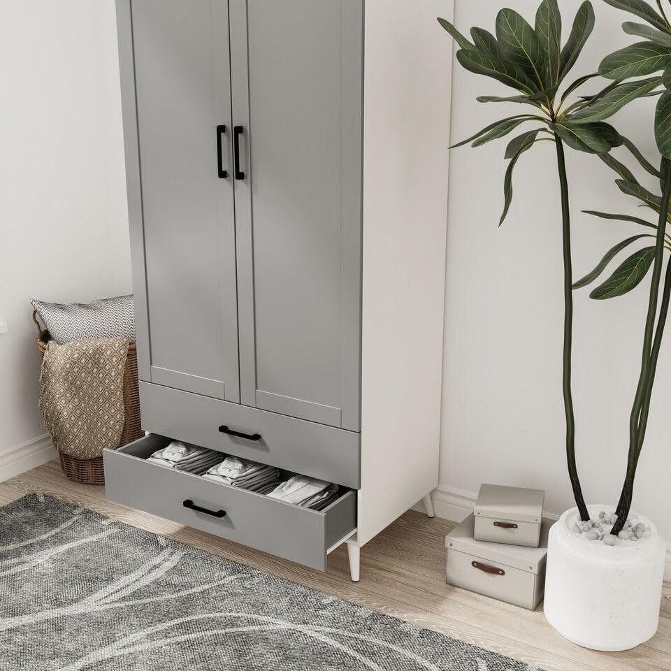 White Grey Modern Wardrobe 2 Doors 2 Drawers Bedroom Clothes Storage Unit