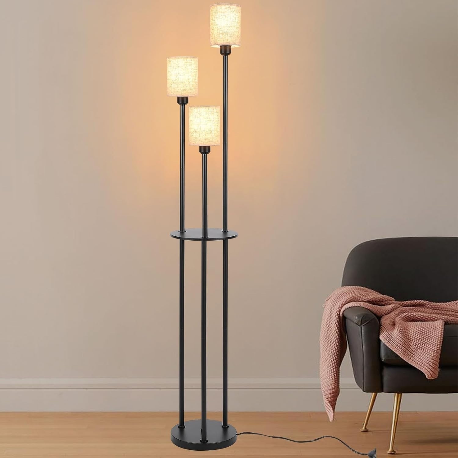Industrial 3-Light Floor Lamp with Linen Shade, Shelves & Foot Switch
