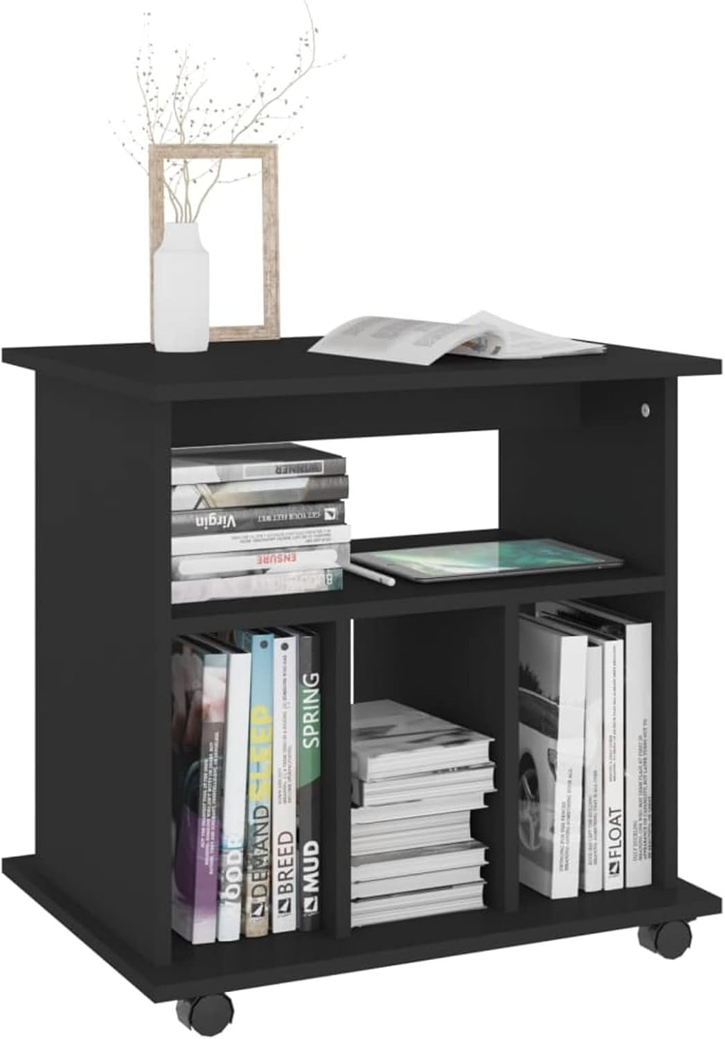 Black Rolling File Cabinet Wooden Under Desk Storage Printer Stand