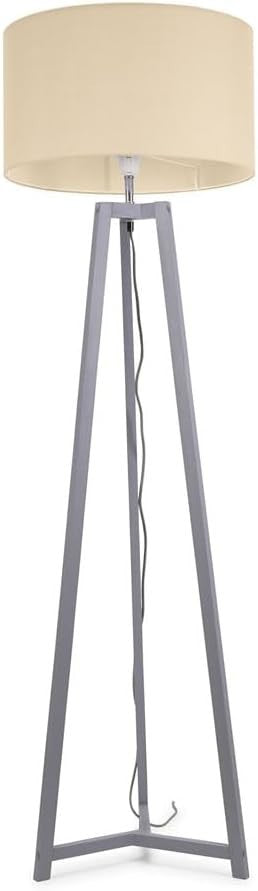 Grey Wooden Tripod Floor Lamp Natural Fabric Drum Shade LED Light