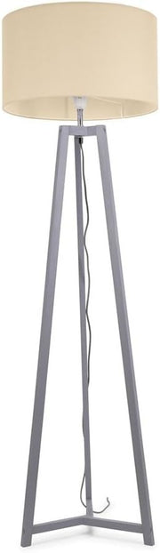 Grey Wooden Tripod Floor Lamp Natural Fabric Drum Shade LED Light