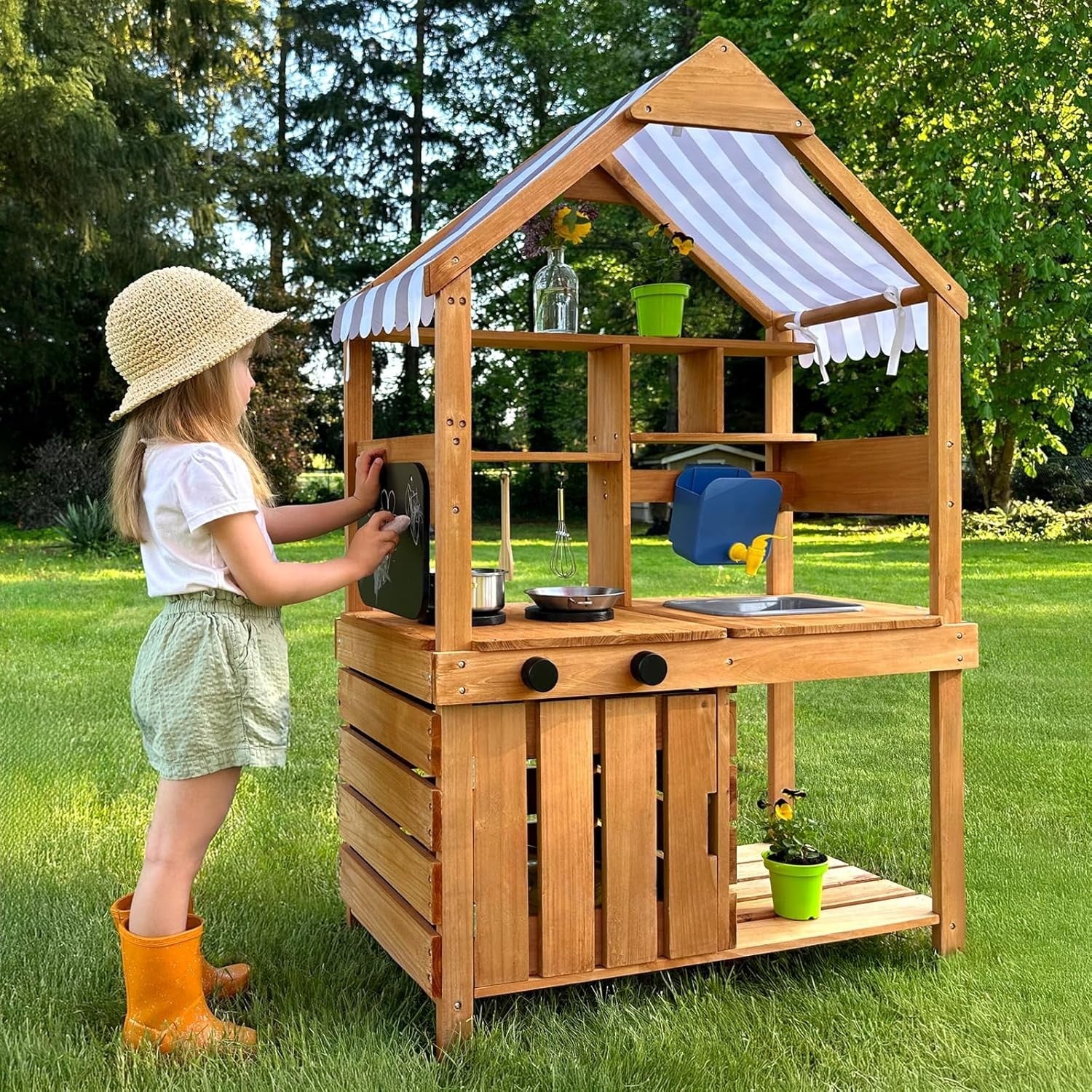 Outdoor Mud Kitchen Kids Wooden Playset Canopy Water Tank Garden