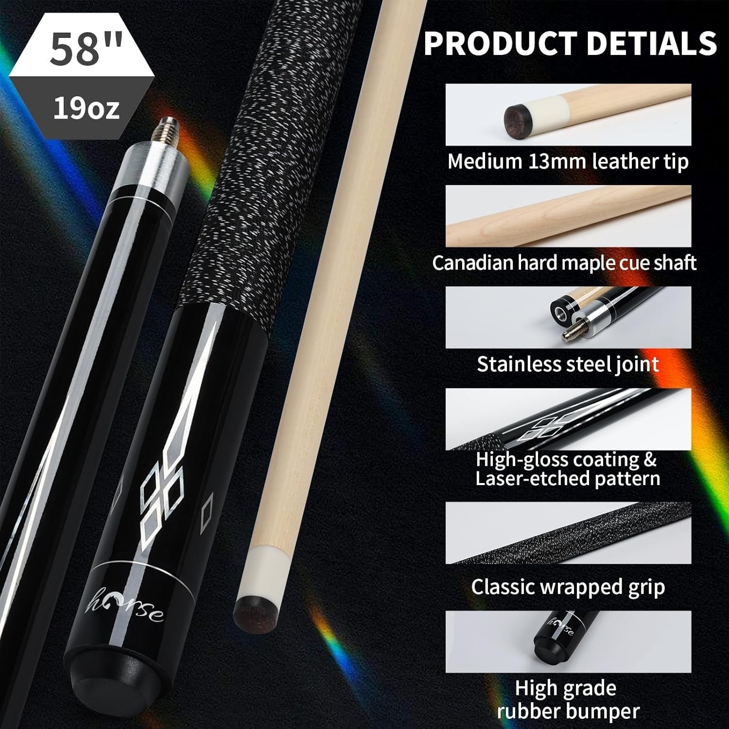 58in Maple Pool Cue 13mm Tip Linen Grip 19oz Stick + Gloves Chalk