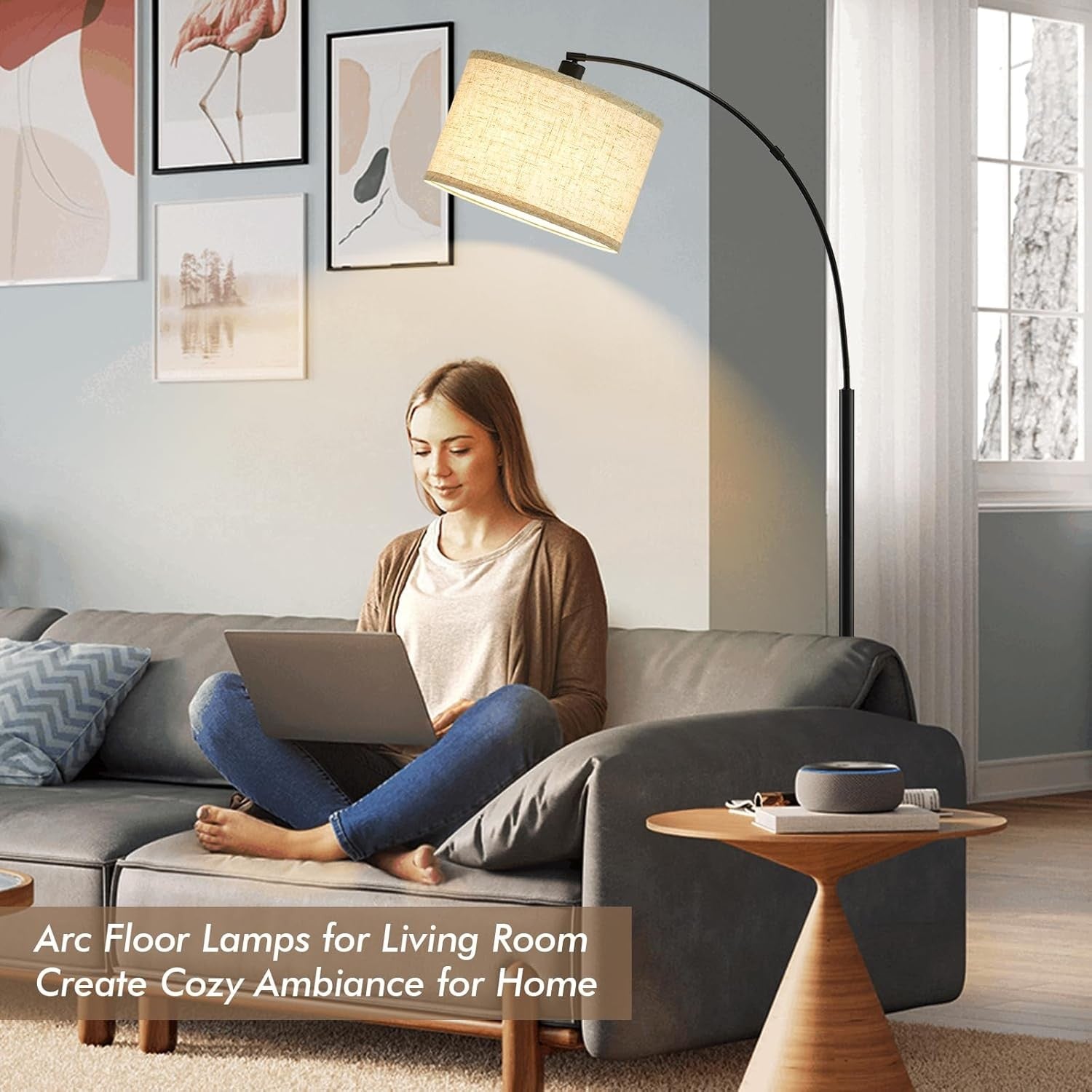 Black Arc Floor Lamp Adjustable Head Tall Standing Light with Fabric Shade