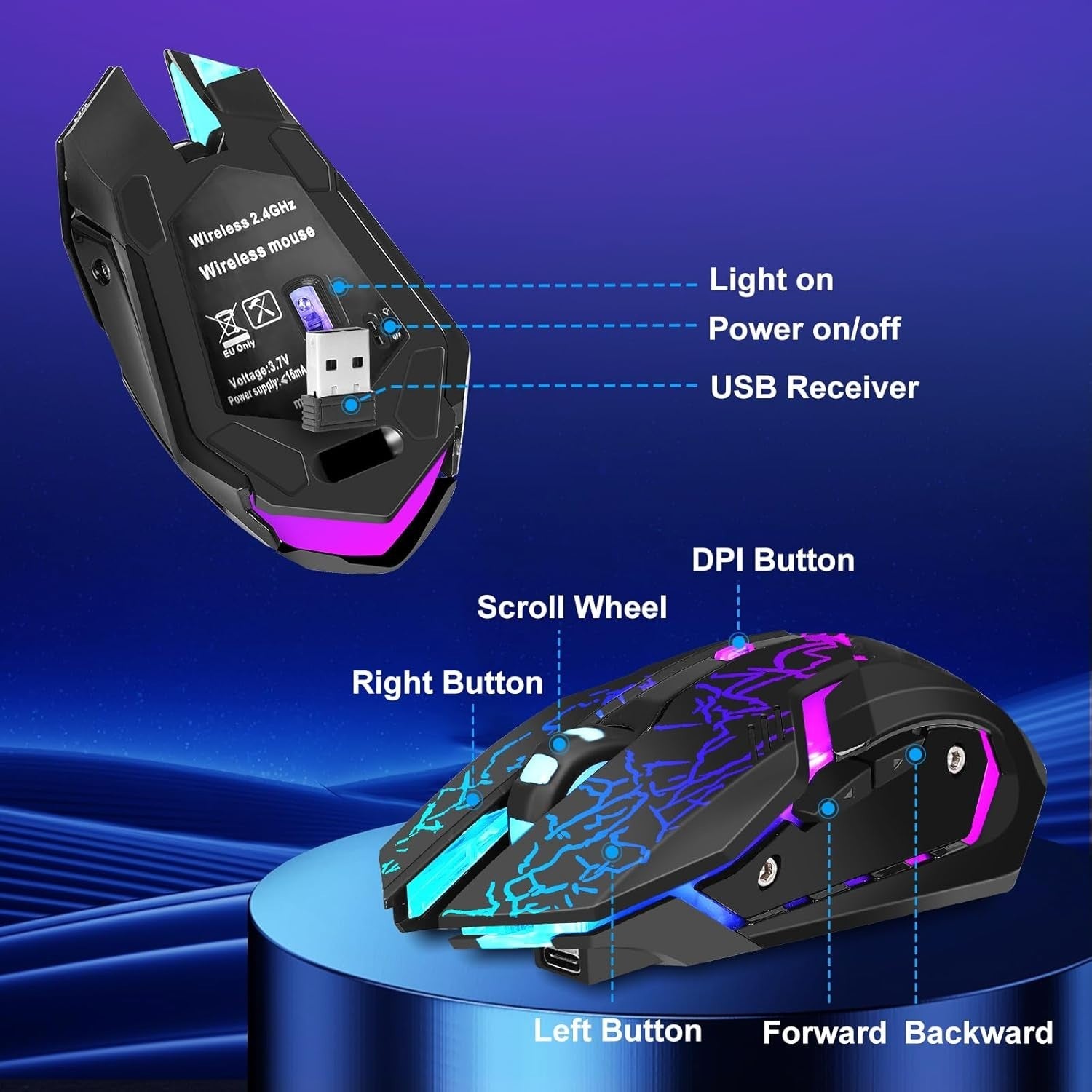 Wireless Gaming Mouse RGB Rechargeable 1600 DPI 6 Silent Buttons
