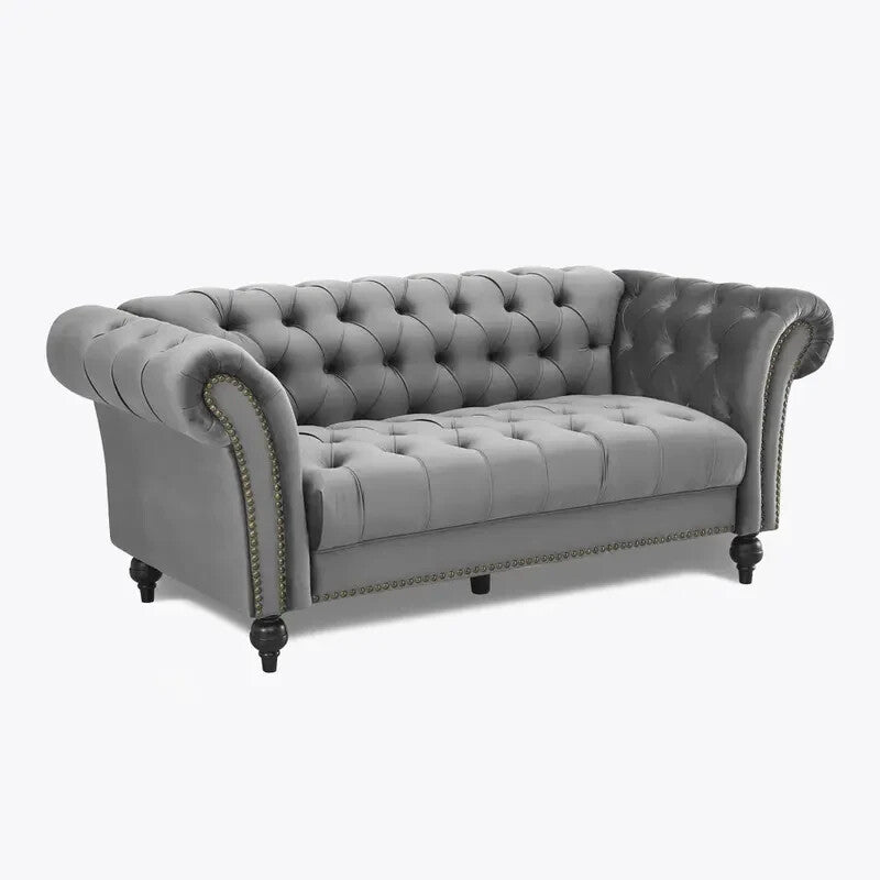 Chesterfield 3 Seater Sofa Grey Velvet | Tufted Scroll Arm Couch UK