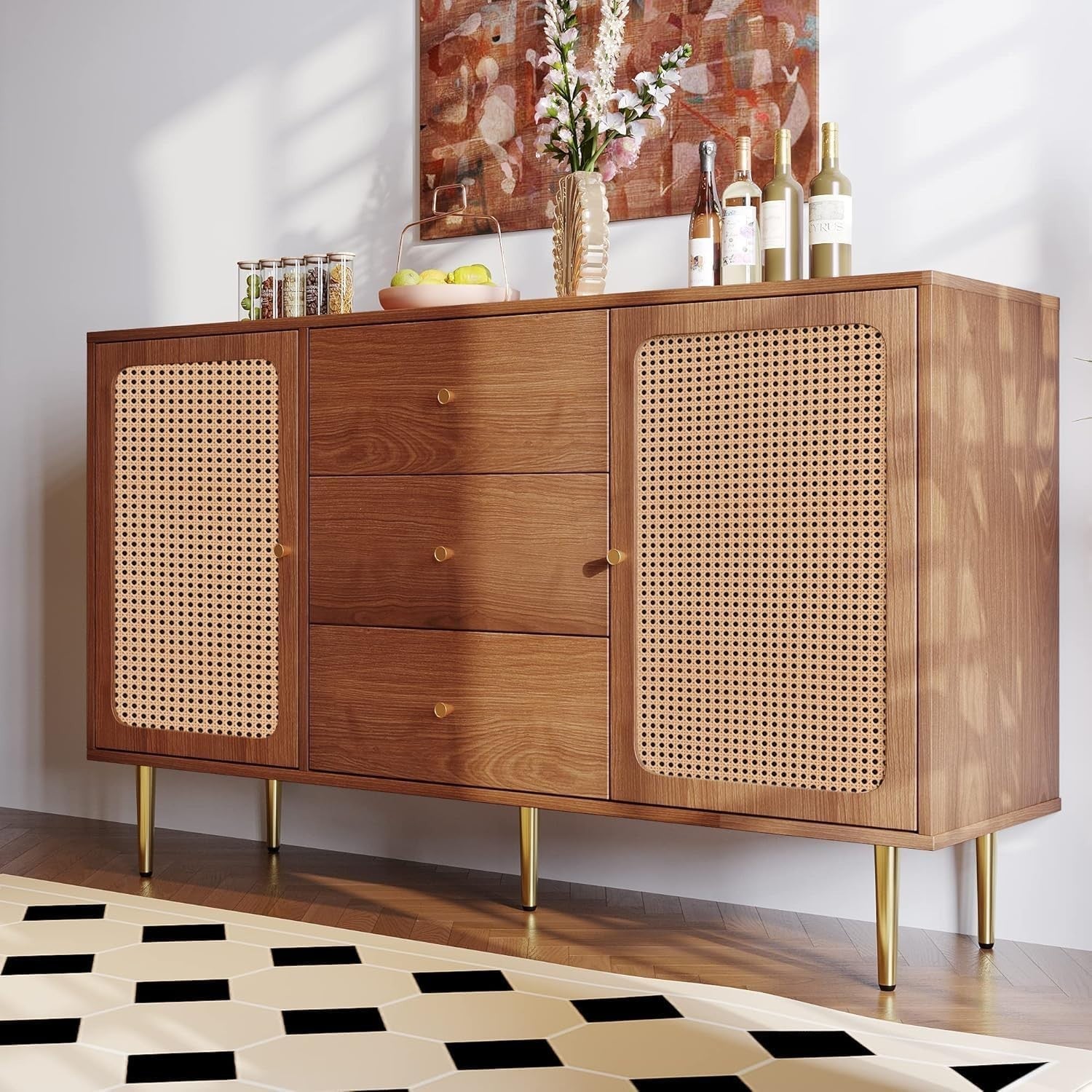 Walnut Rattan Sideboard Cabinet 3 Drawers 2 Doors Storage Unit