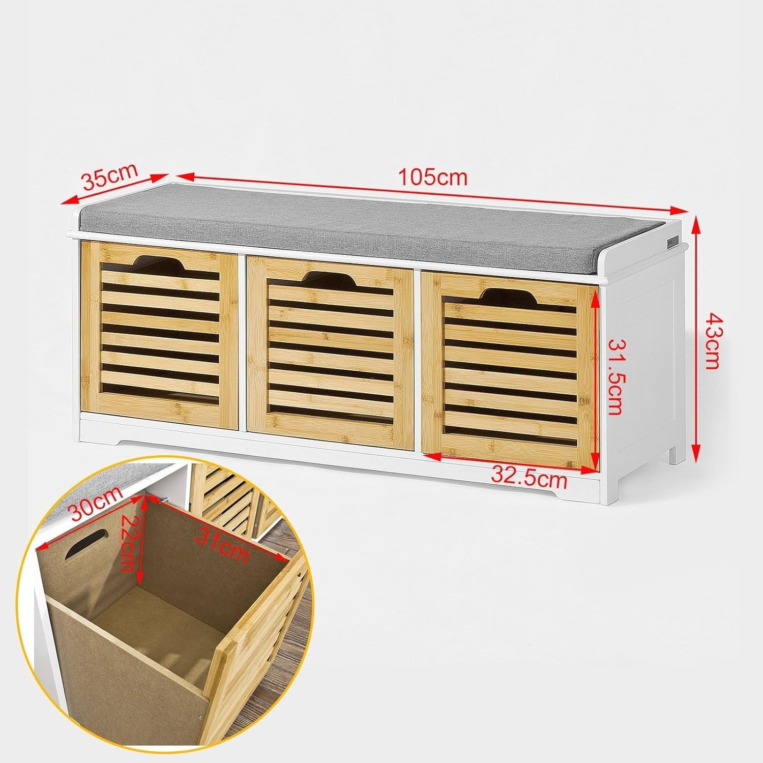 Wooden Shoe Storage Bench with 3 Drawers & Cushion, 120kg Load, Entryway