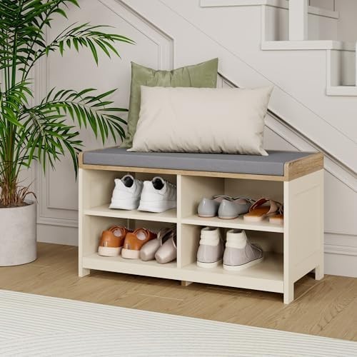 Cream Shoe Storage Bench with Cushion & 4 Shelves – Hallway Entryway Unit
