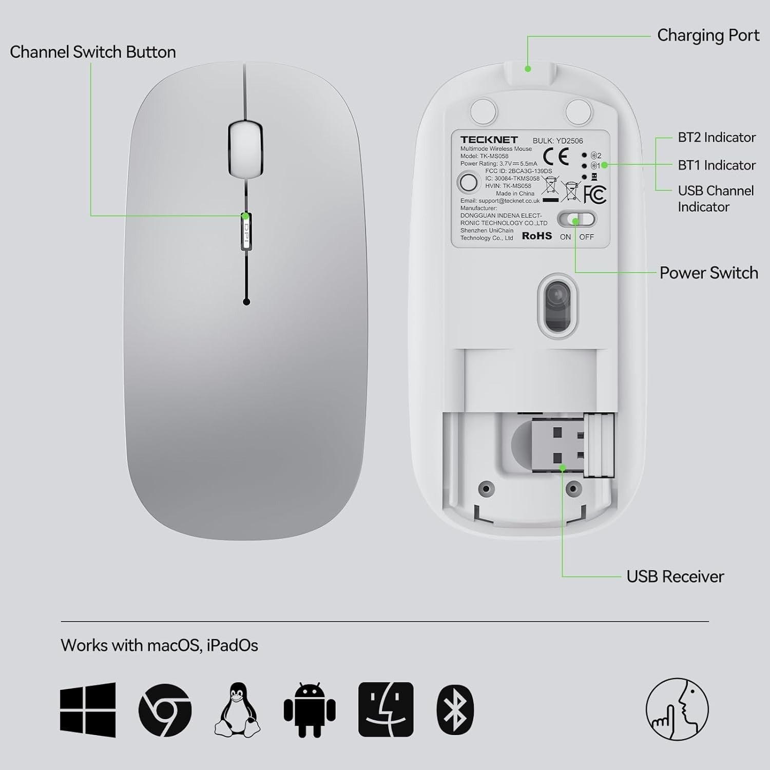 Silent Bluetooth Mouse Slim Rechargeable 4800 DPI USB Wireless