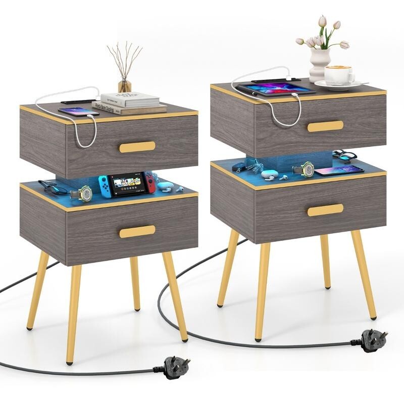 Smart LED Bedside Table w/ 2 Drawers, USB Ports, Shelf, Remote & Plug