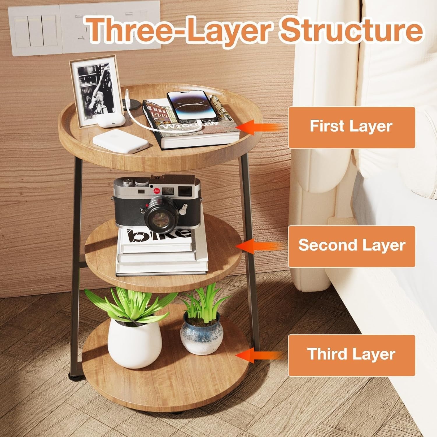 3-Tier Round Rustic Brown Side Table with Charging Station, 40x40x61cm