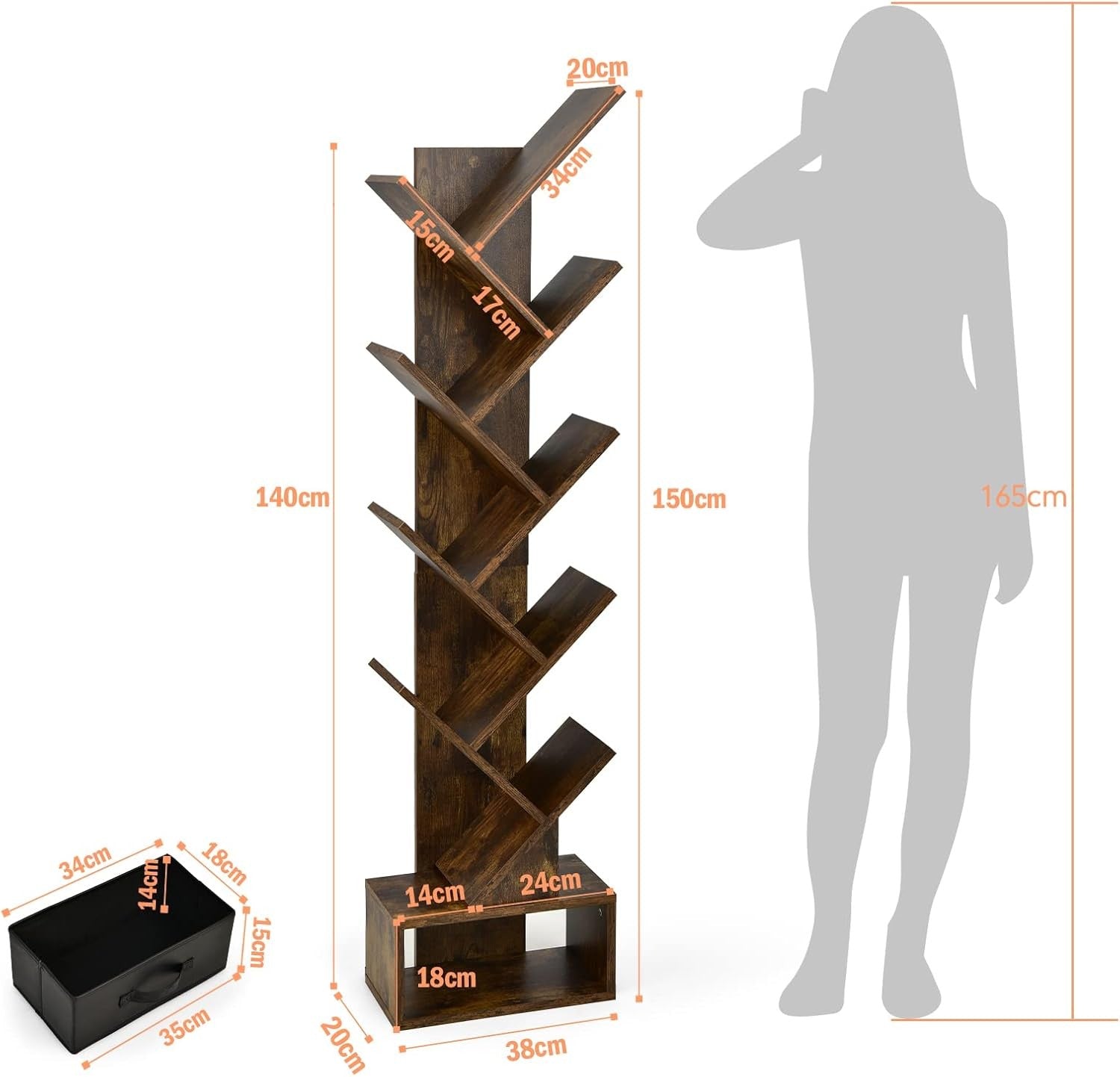 10 Tier Tree Bookshelf Tall Wooden Display Rack Freestanding Storage Unit Brown