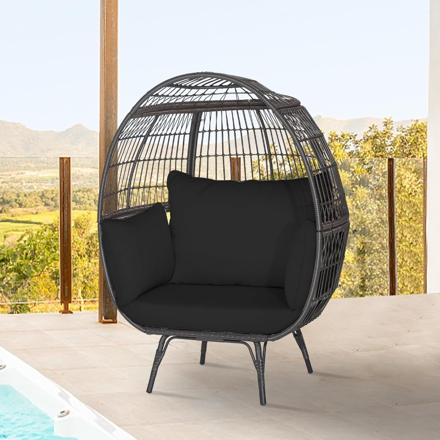 Black Two Seater Rattan Egg Chair Oversized Cushioned Freestanding Lounger