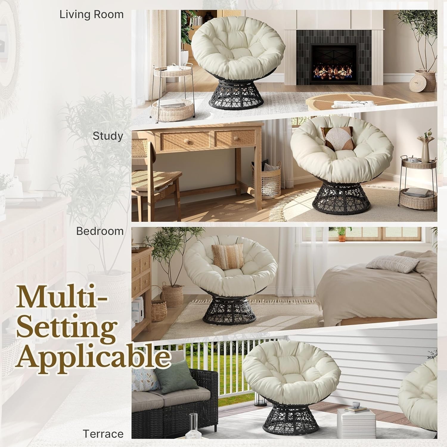 Beige Papasan Moon Chair Oversized Round Swivel Lounge Chair with Plush Cushion