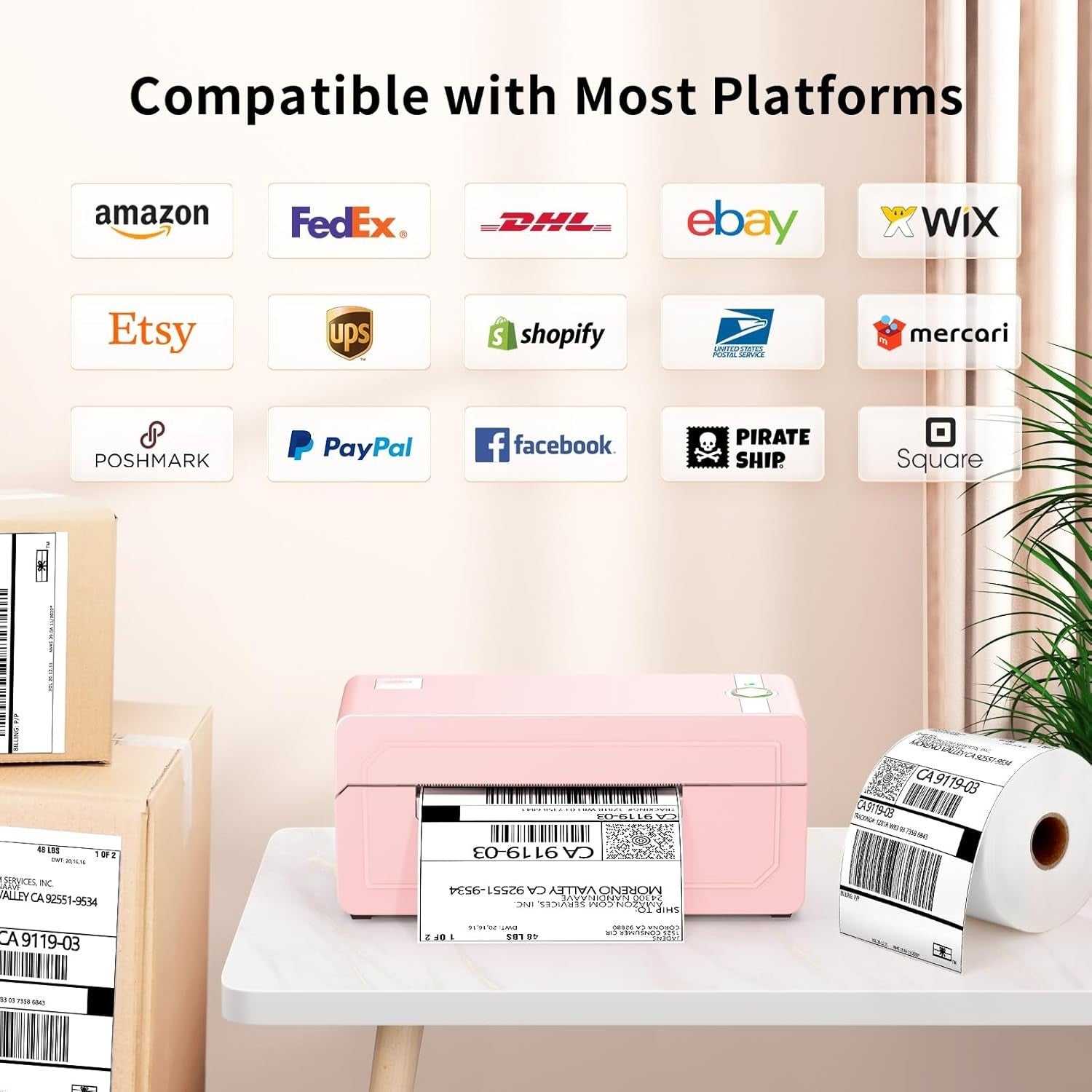 Pink 4x6 Bluetooth Thermal Label Printer, Wireless Shipping, Portable