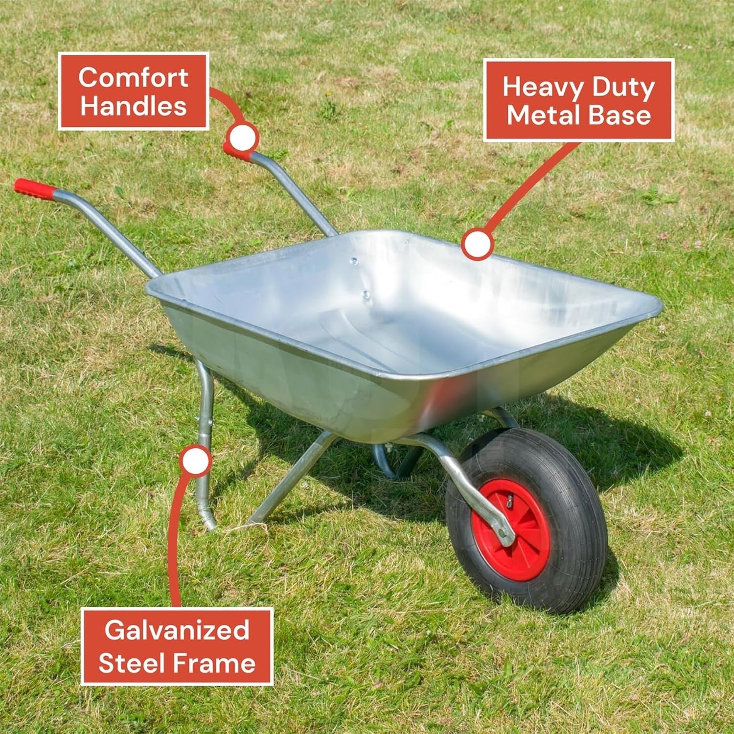 65L Steel Wheelbarrow – Galvanised Tub w/ Pneumatic Tyre & Easy-Grip Handles