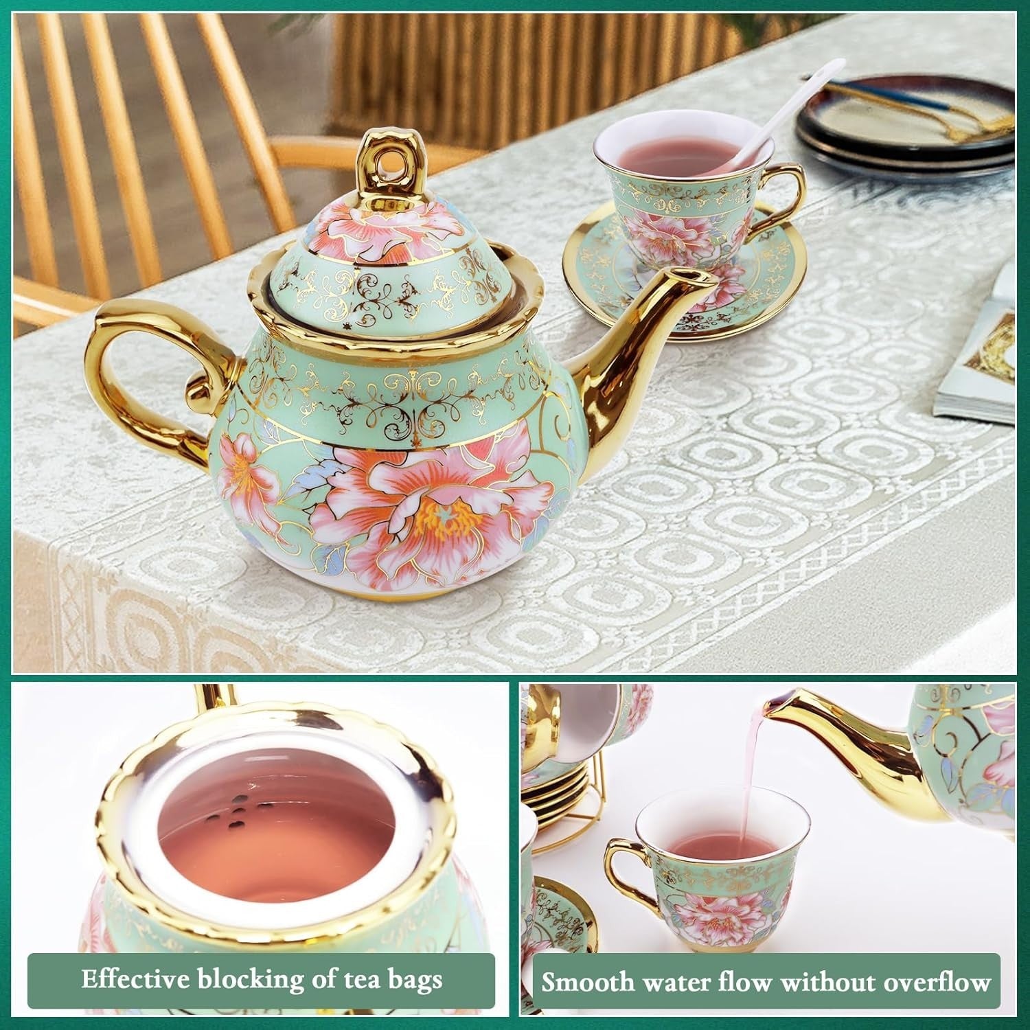 20Pc Green Porcelain Tea Set Gold Floral Teapot Cups Saucers Stand