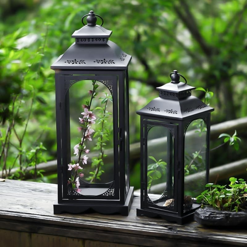 Set of 2 Black Garden Lanterns Steel Outdoor Candle Holders