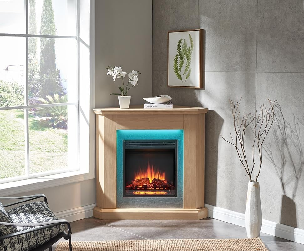 Corner Electric Fireplace 38" Natural Oak 2kW Glass Heater Suite LED