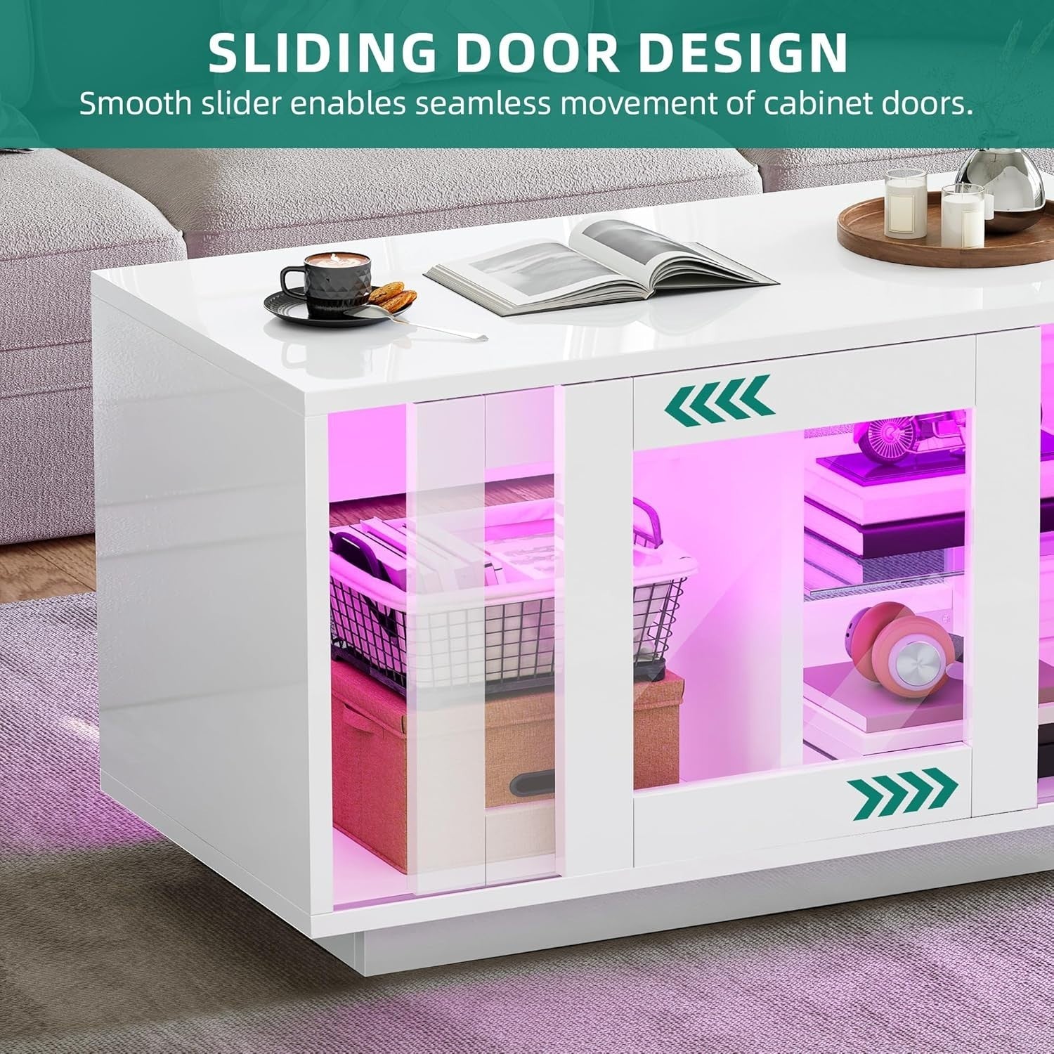 Modern White LED Coffee Table with Adjustable Glass Shelves 80x40x45cm