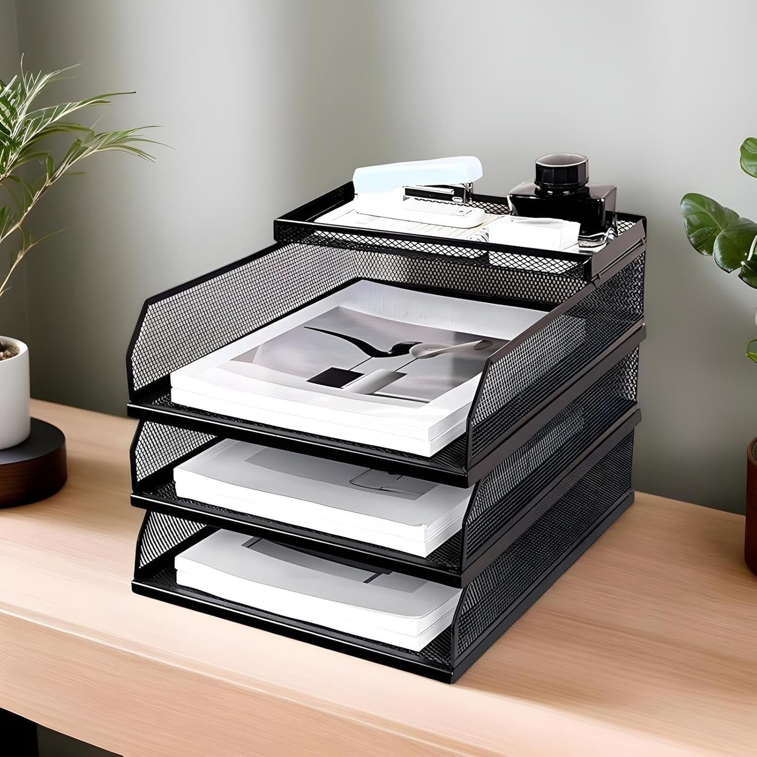 Desk File Organizer Vertical Mesh Paper Tray | 3-Layer Stackable Office Storage