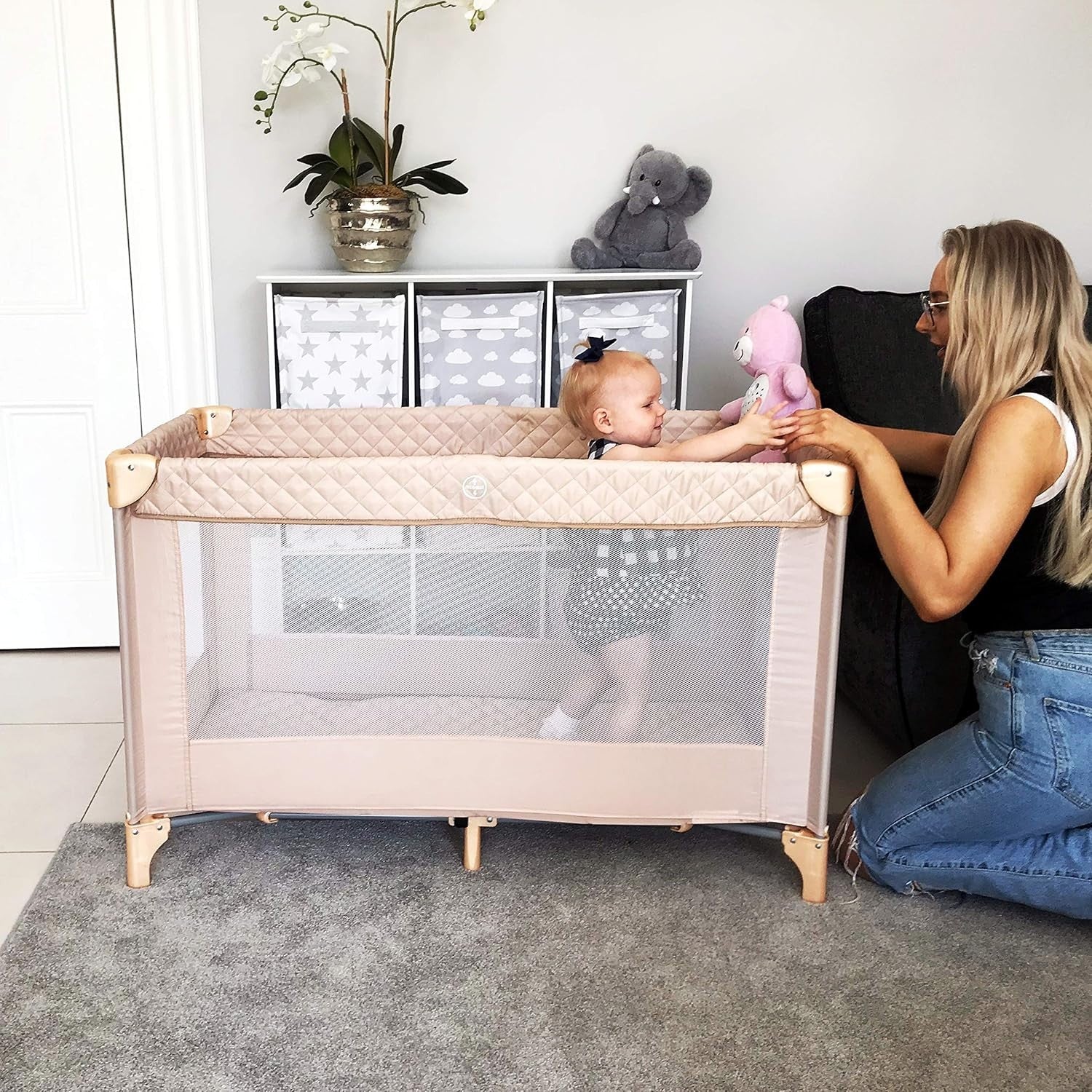 Portable Travel Cot Baby Bed with Mattress Mesh Sides Lightweight Foldable