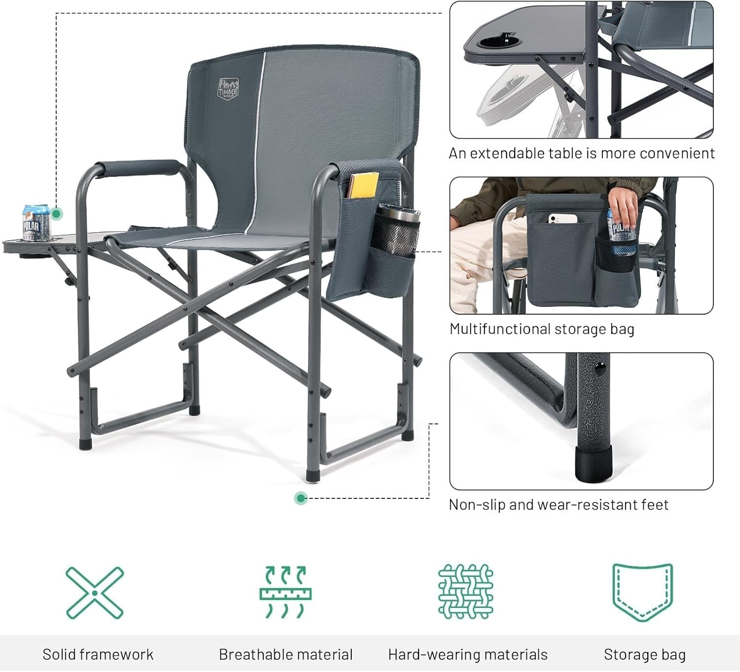 Heavy Duty Folding Camping Chair with Side Table, Portable Outdoor Seat