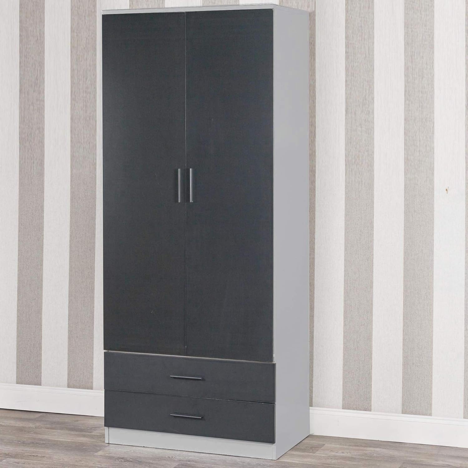 Tall Grey 2 Door Wardrobe with Black Drawers & Rail | Bedroom Storage