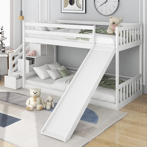 Kids Bunk Bed with Slide & Stairs White Pine Frame Storage Drawers 90x190cm