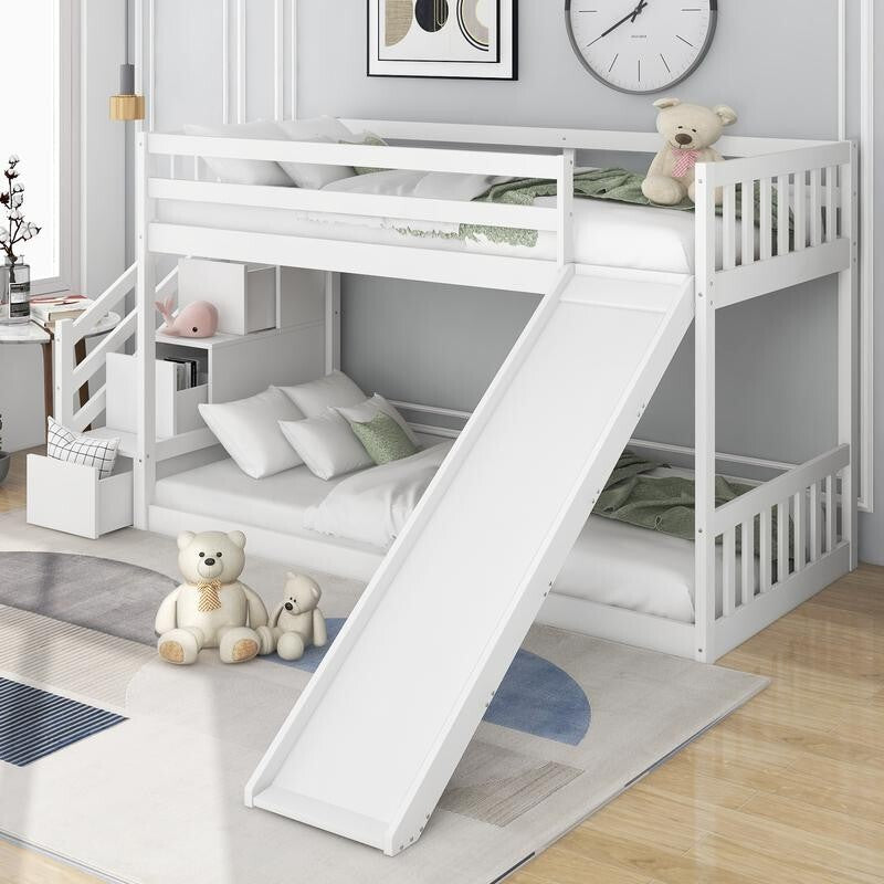 Kids Bunk Bed with Slide & Stairs White Pine Frame Storage Drawers 90x190cm