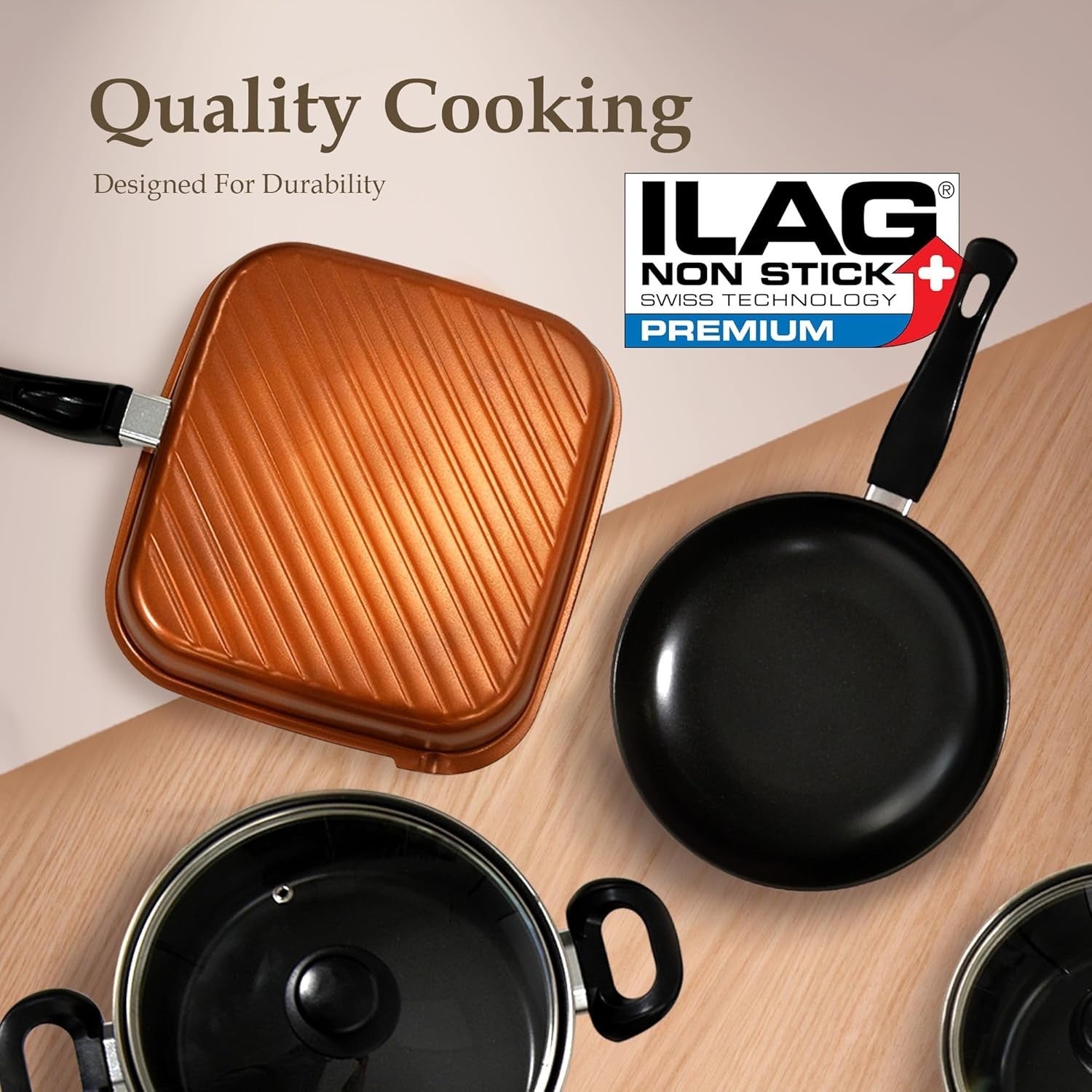 10Pcs Copper Non Stick Cookware Pots and Pans Set with Glass Lids & Grill Pan