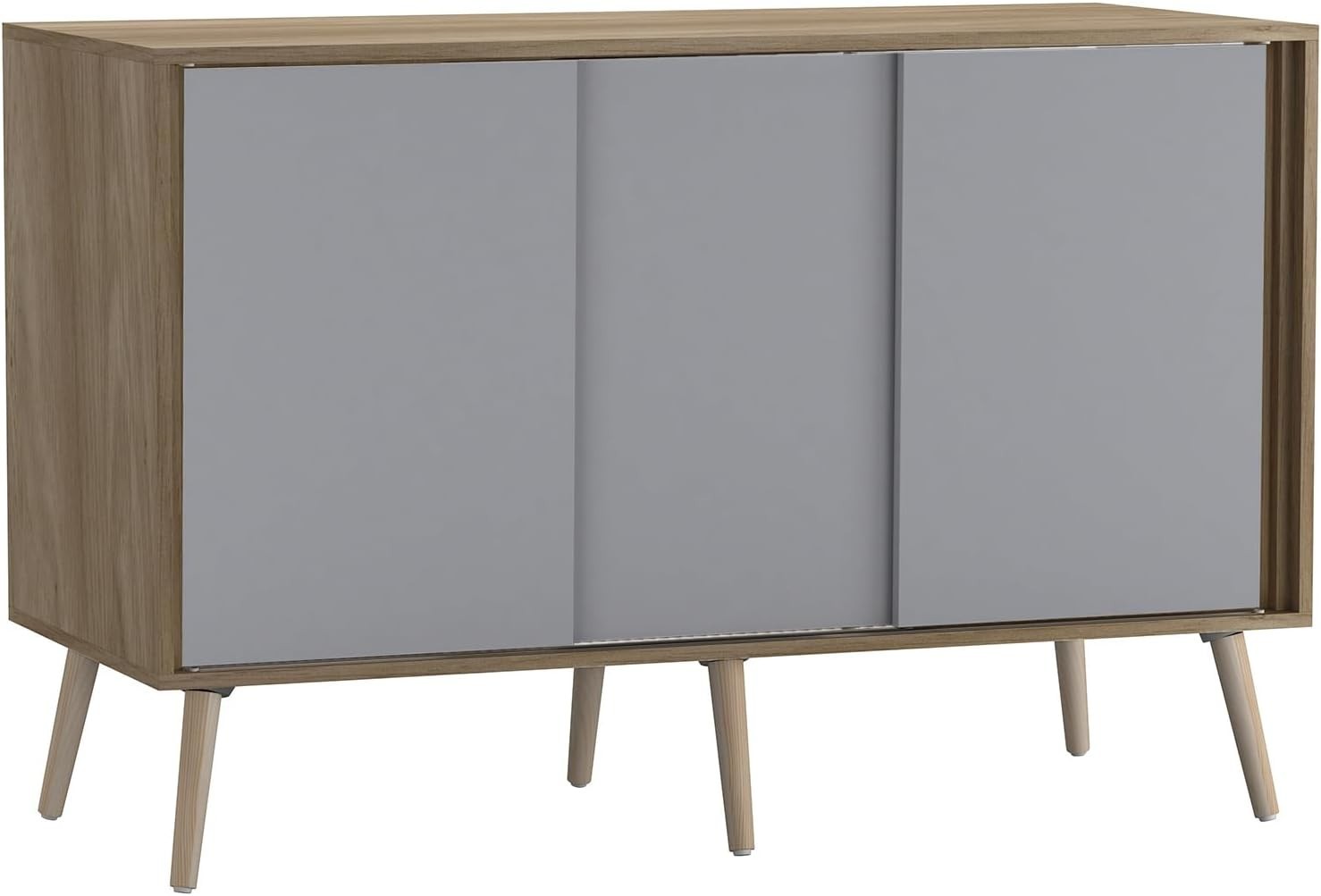 Grey Sliding Door Sideboard Oak Storage Cabinet with Beech Wooden Legs