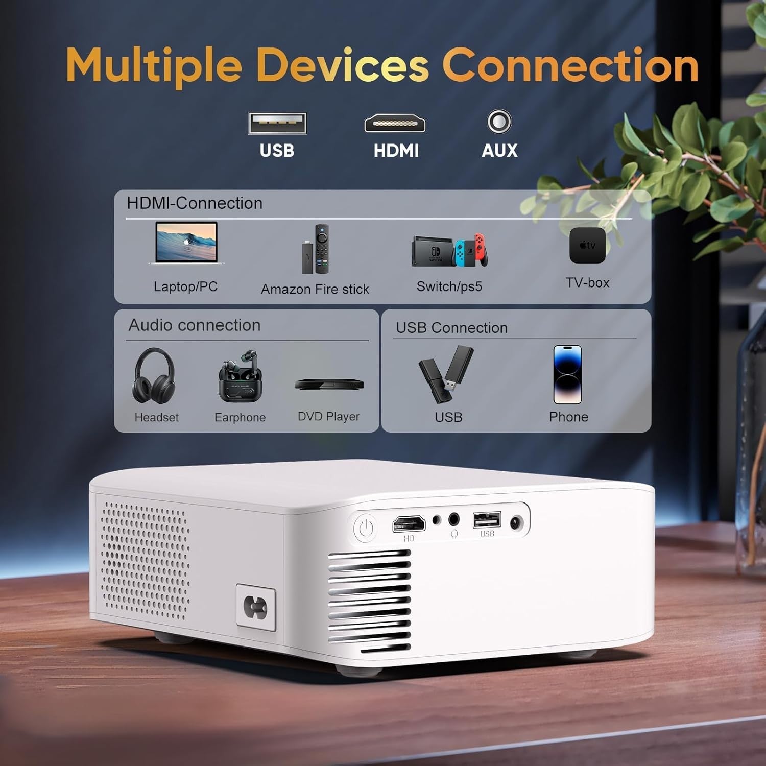 Short Throw Smart Projector 1080P 4K Support WiFi 6 Bluetooth Apps