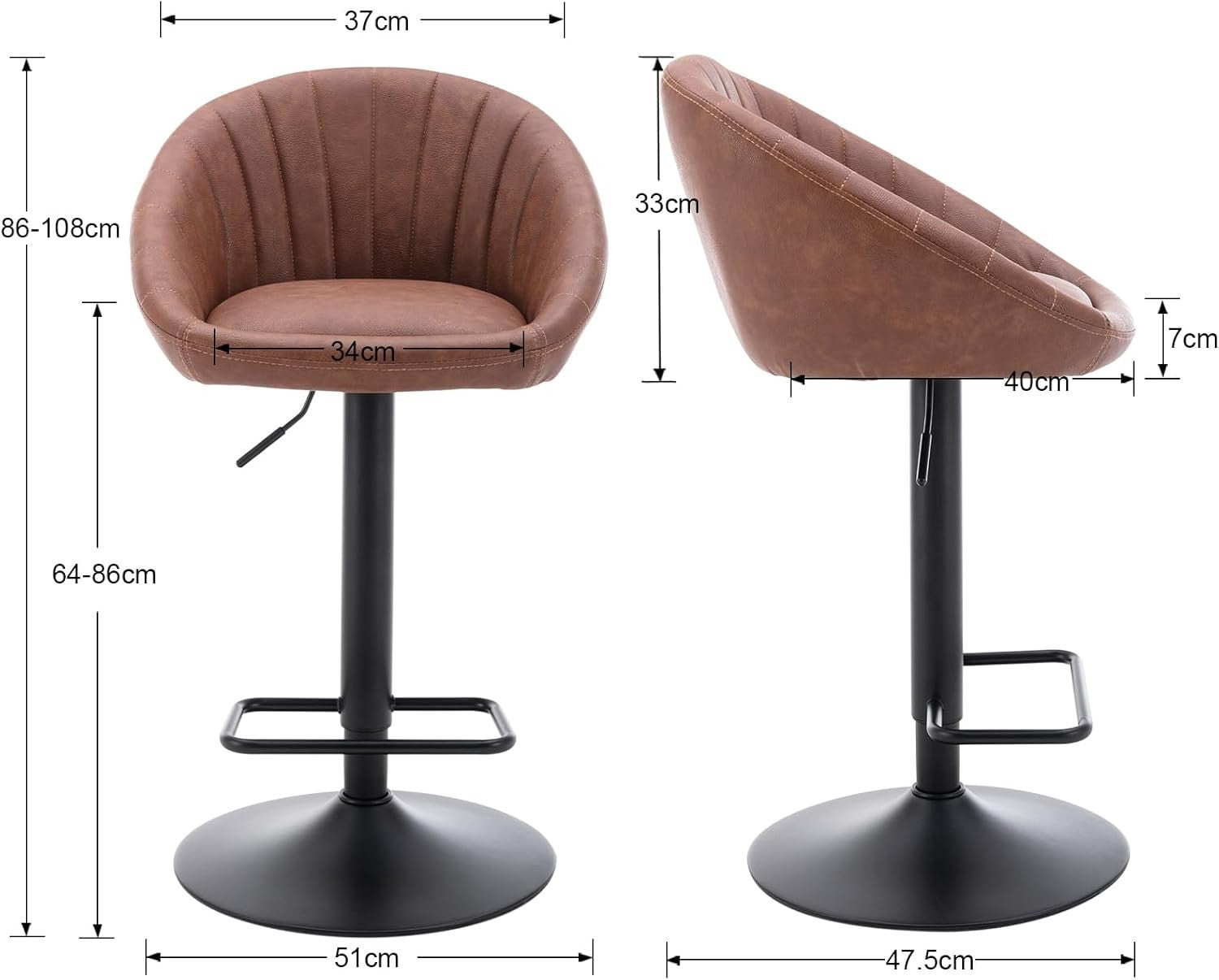 Set of 2 PU Brown Bar Stools Adjustable Swivel Counter Chairs