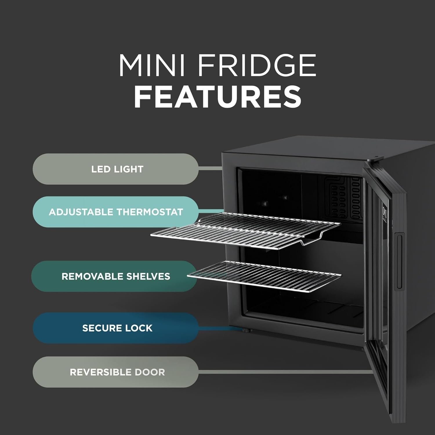 50L Mini Fridge Countertop Glass Door LED Lockable Black Freezerless