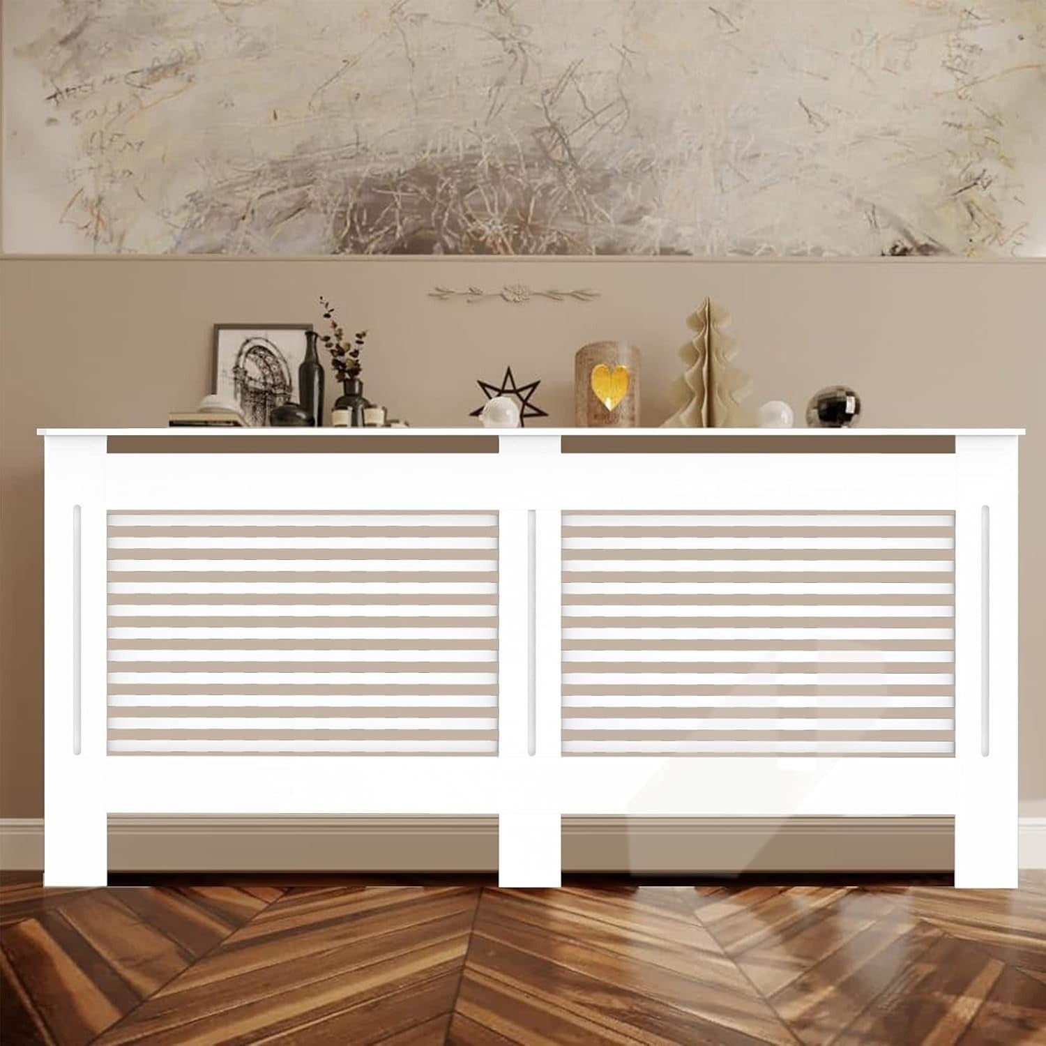 Extra Large White Radiator Cover Cabinet 92cm MDF Horizontal Slat Heater Shelf