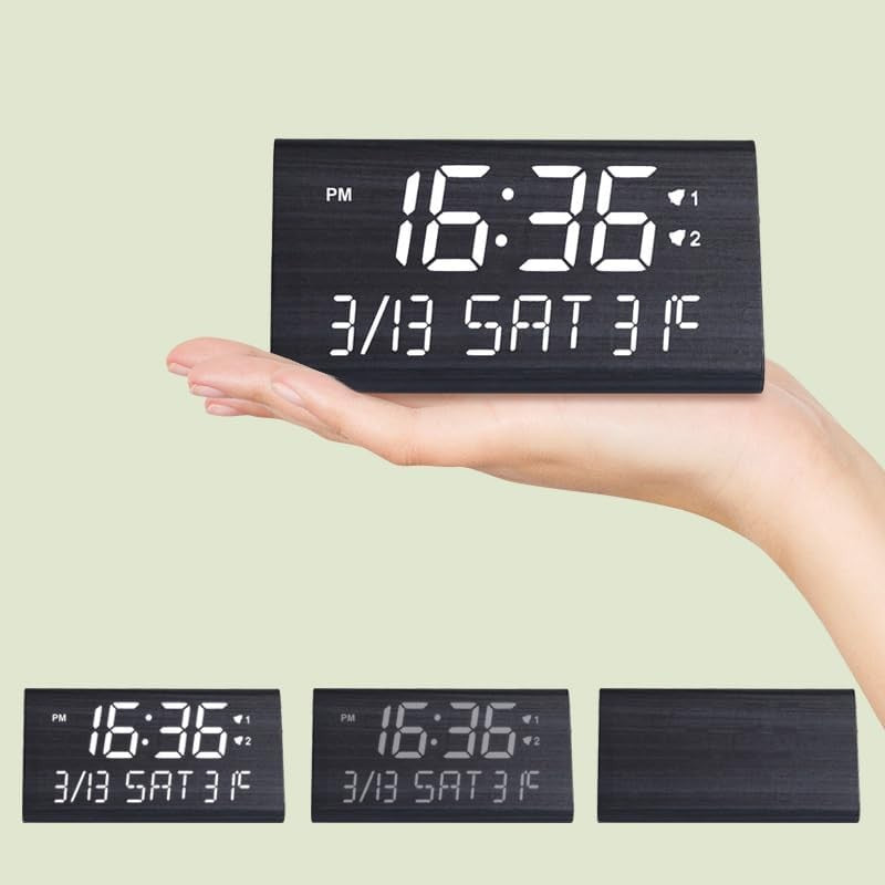 Wooden Digital Alarm Clock LED Large Display USB Charger Loud Snooze