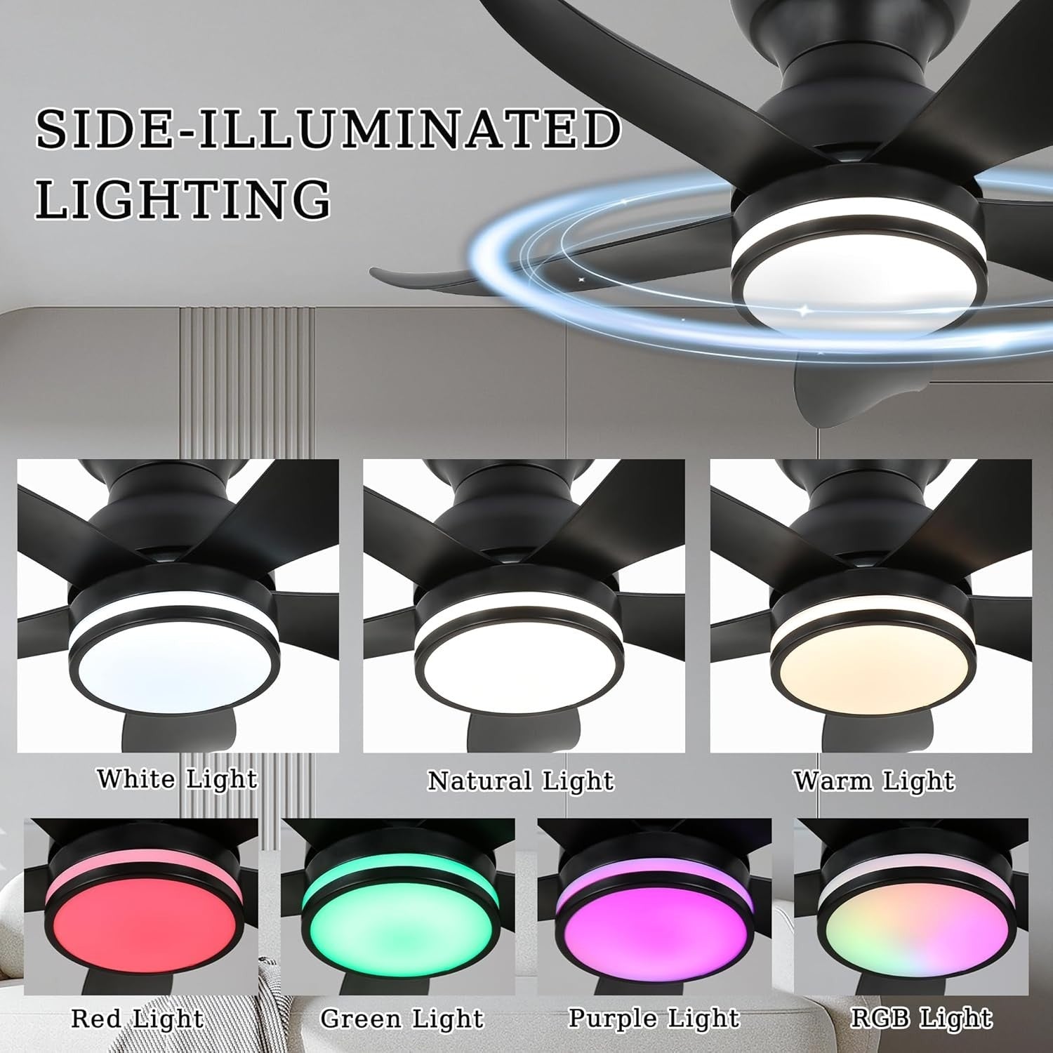 30" Ceiling Fan with Light, Remote, 6 Speeds, Dimmable, RGB, Black