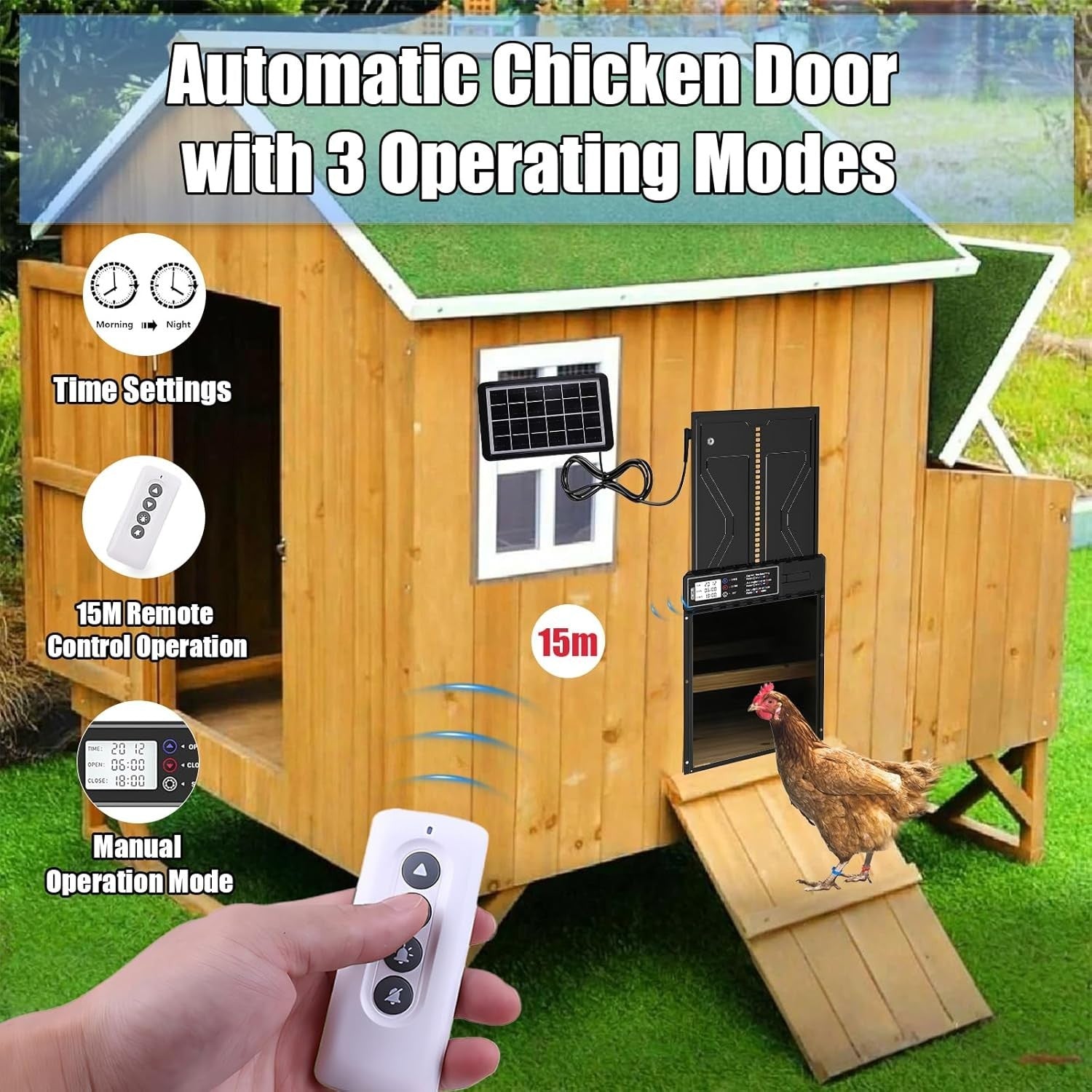 Automatic Solar Chicken Coop Door Opener Remote LCD Anti Pinch Waterproof
