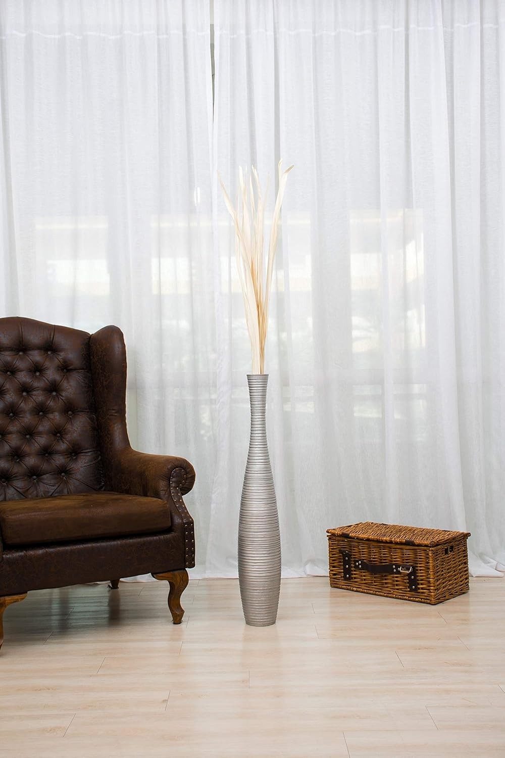 Large Silver Floor Vase 85cm Tall Wooden Decor for Pampas Grass