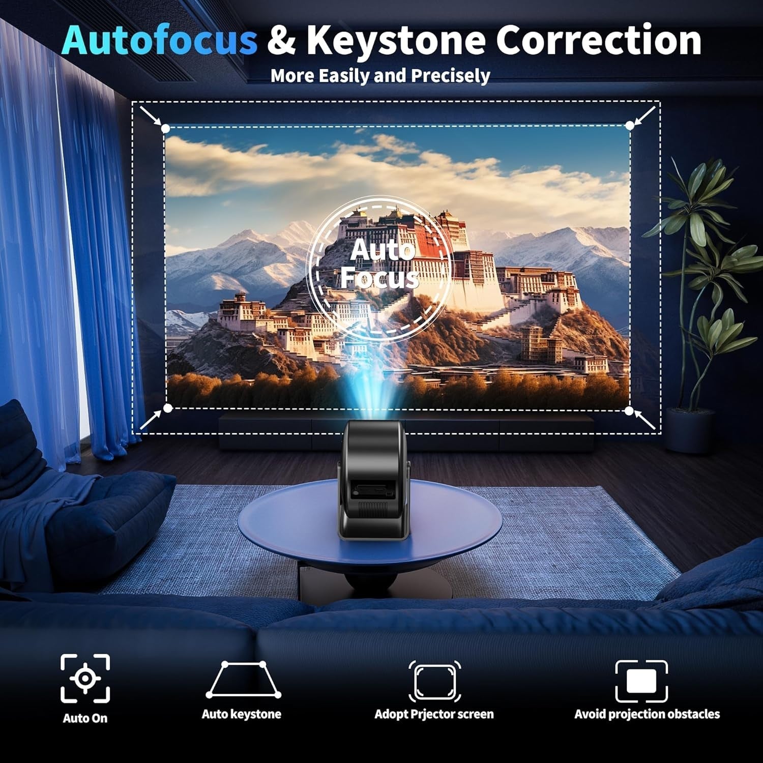 Mini Smart Projector 4K Support Auto Focus WiFi 6 Bluetooth 360°