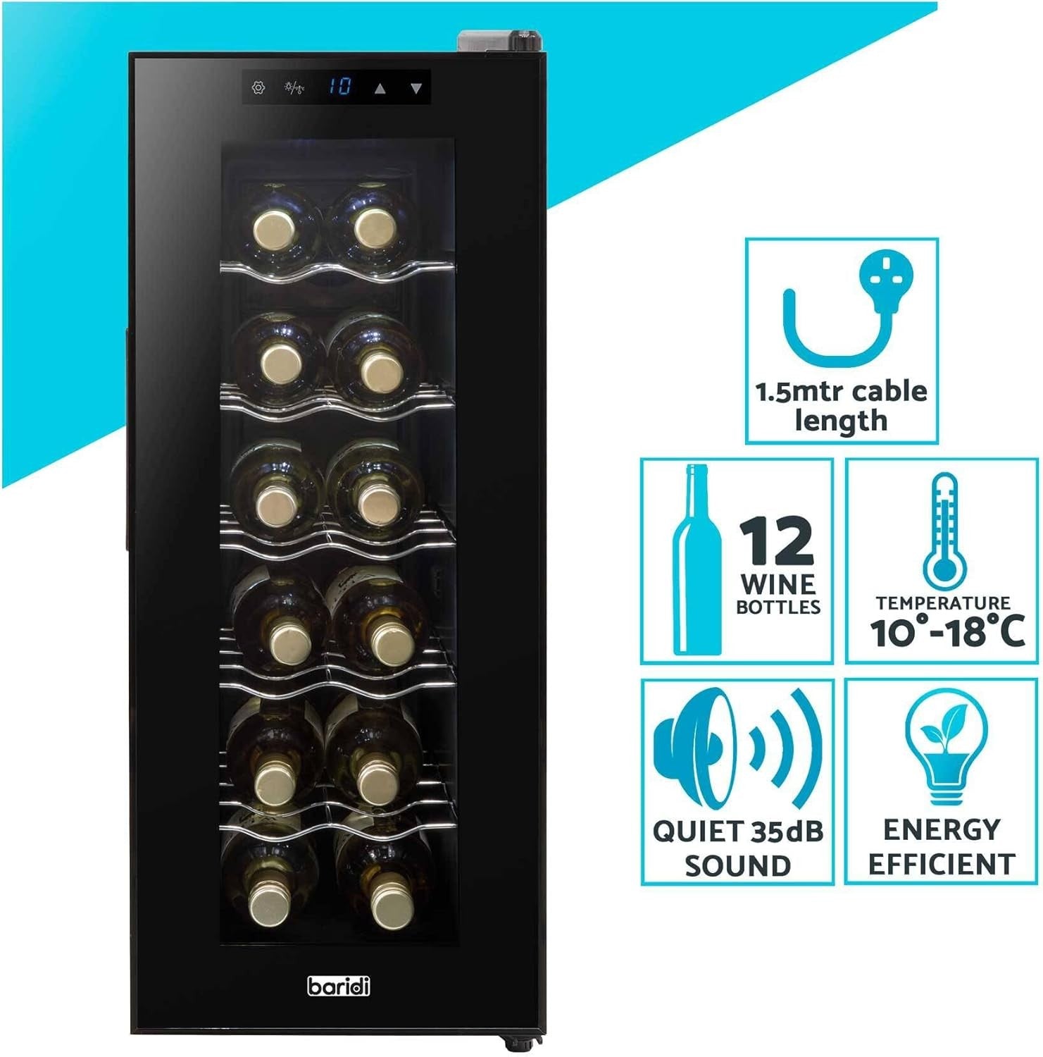 12 Bottle Wine Cooler Fridge Digital Touch Control Ultra Quiet Freestanding