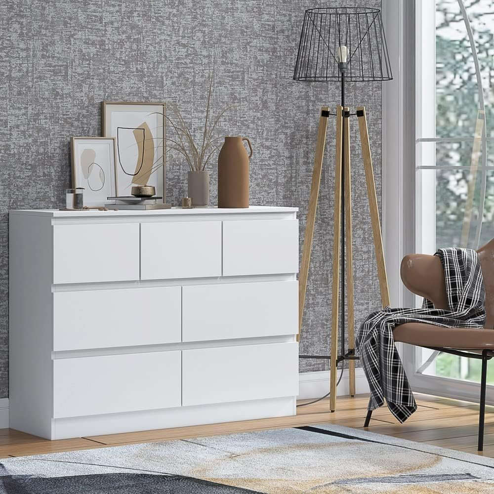White Chest of 7 Drawers Modern Bedroom Storage Cabinet Sleek Design