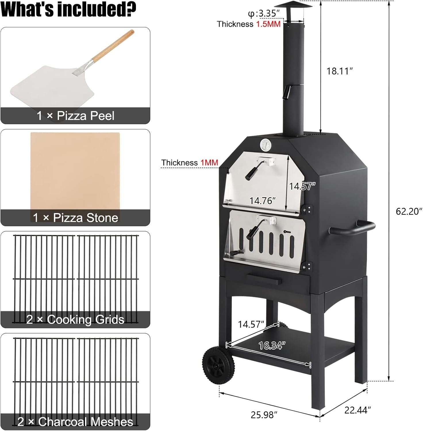 Outdoor Pizza Oven with Chimney | Smoker BBQ Grill Stand & Storage Wheels