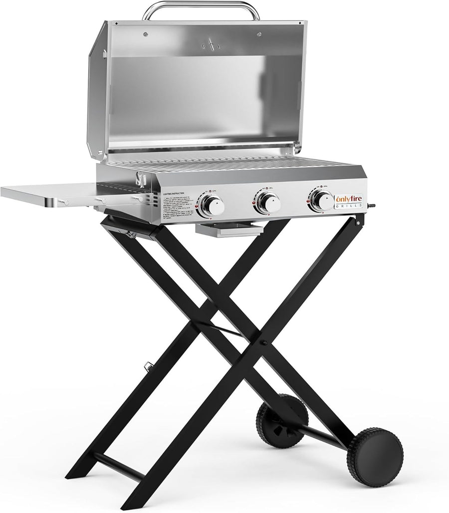 3 Burner Portable Gas BBQ Grill with Lid & Thermometer | Folding Trolley