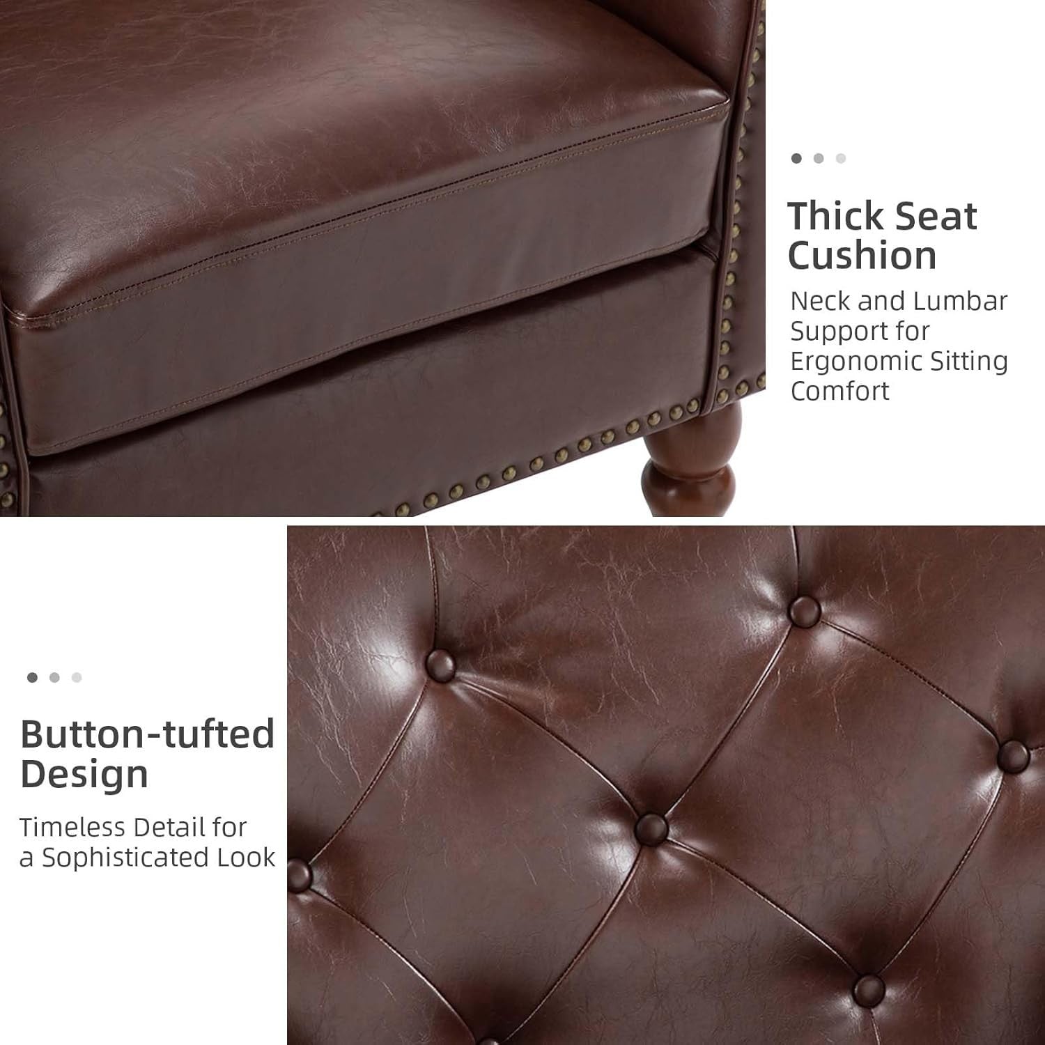 Faux Leather Armchair Brown Tufted Chair Vintage Nailhead for Lounge Reading