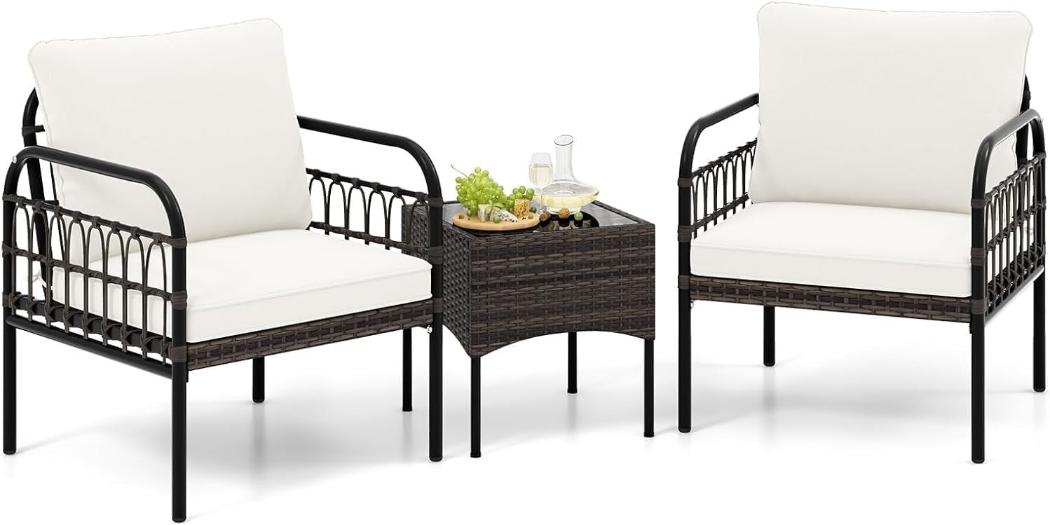 3pc Outdoor Rattan Bistro Set Cushioned Chairs Glass Table Patio Balcony