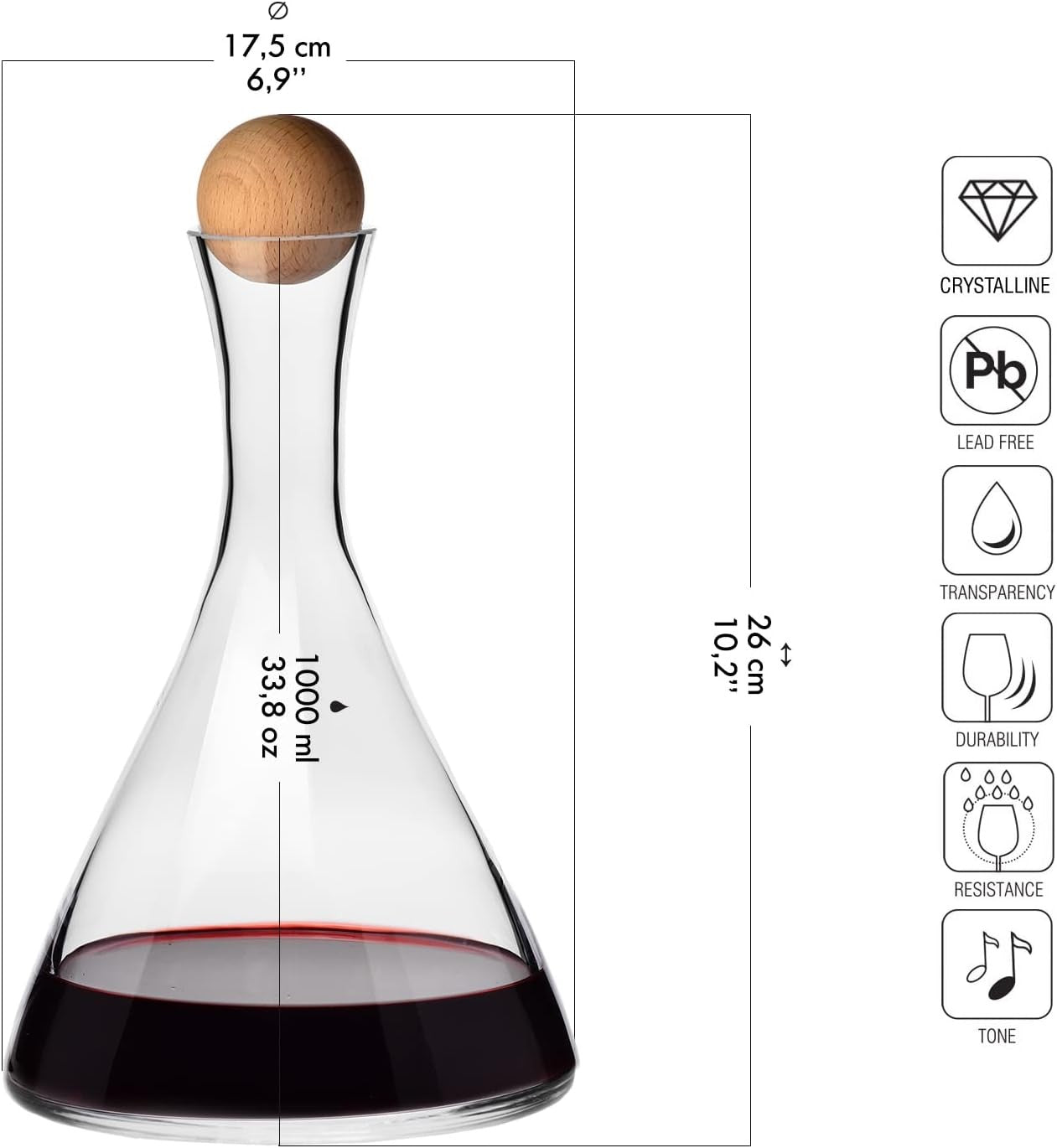 Luxury 1L Crystal Wine Decanter with Wooden Stopper | Elegant Red Wine Carafe