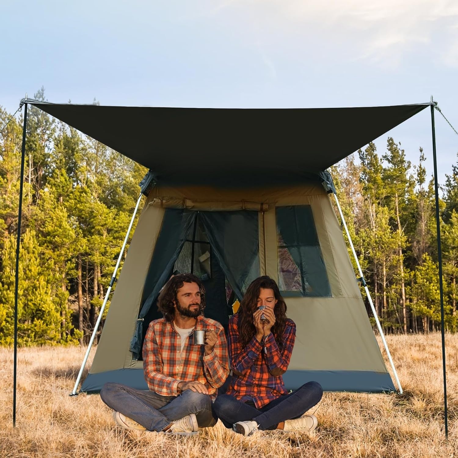 4 Person Pop Up Camping Tent Waterproof UV Dome w Sunshade